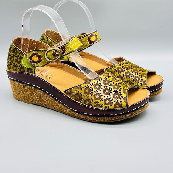 Spring Step Shoes - Spring Step L'Artiste Sandals Women 9.5 Green Leather Delphia Wedge Floral Strap